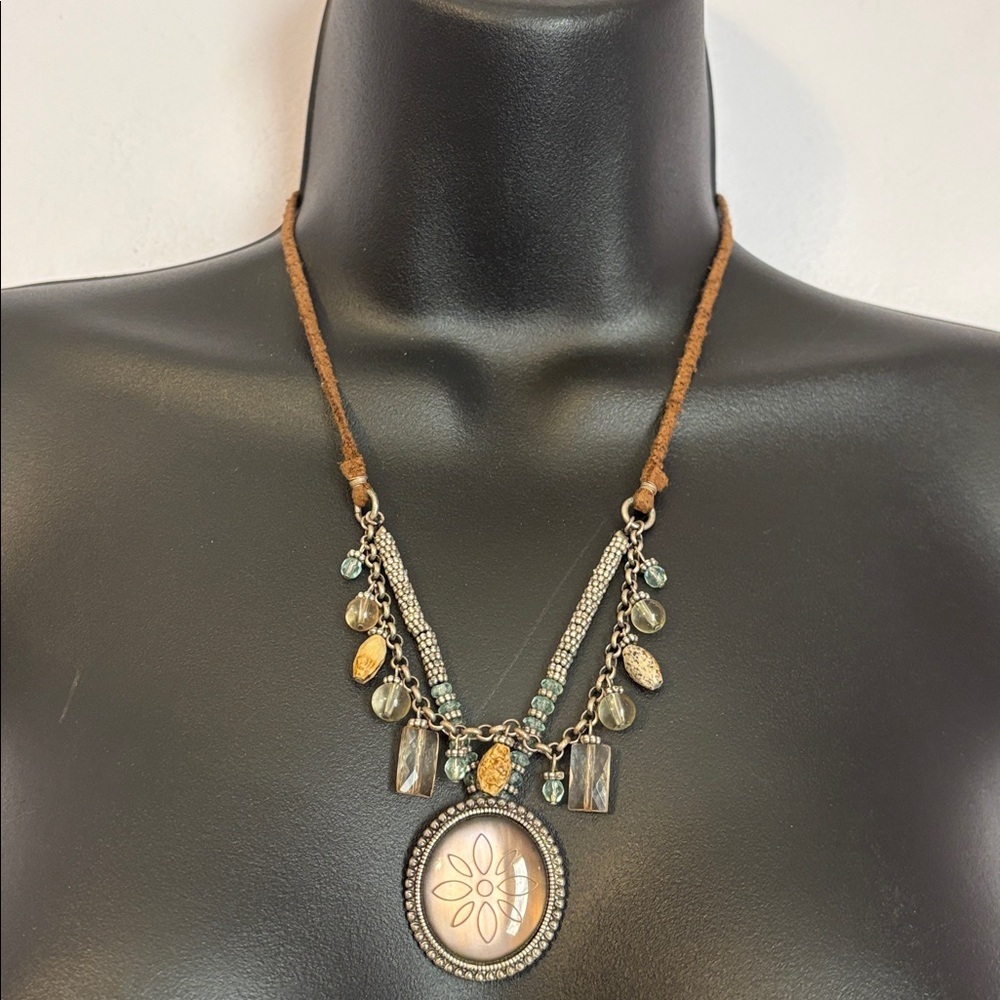 Axcess by Liz Claiborne Suede Cord Flower Catseye Pendant Double Strand Necklace